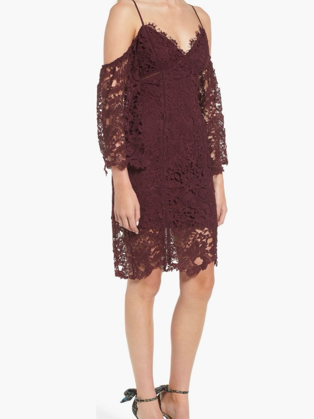Astr Wine Burgundy Crochet Lace Long-Sleeve Midi Dress
